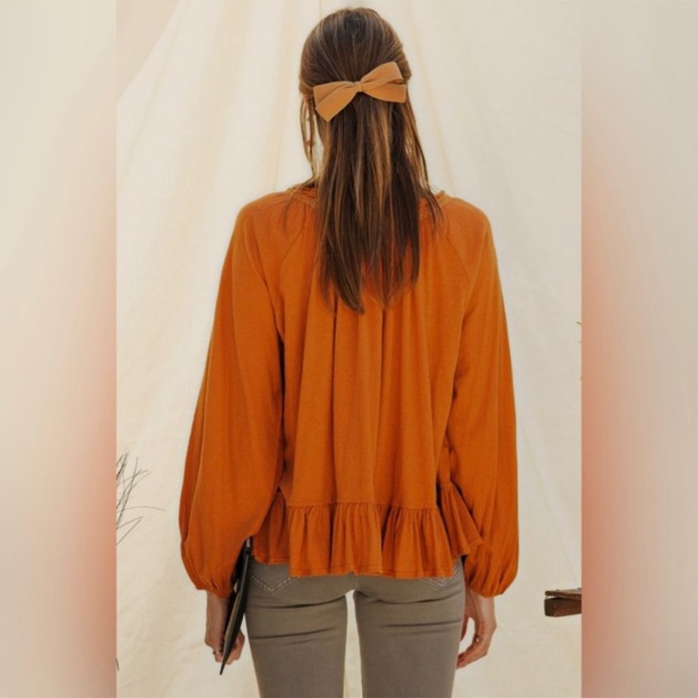 Easel Erica Long Sleeve Cotton Slub Henley Babydoll Tunic Pumpkin Orange Medium - Picture 11 of 14